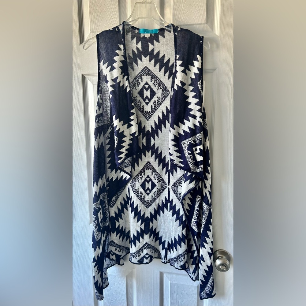 Navy Grey Tribal Aztec Geometric Western Duster Draped Cardigan